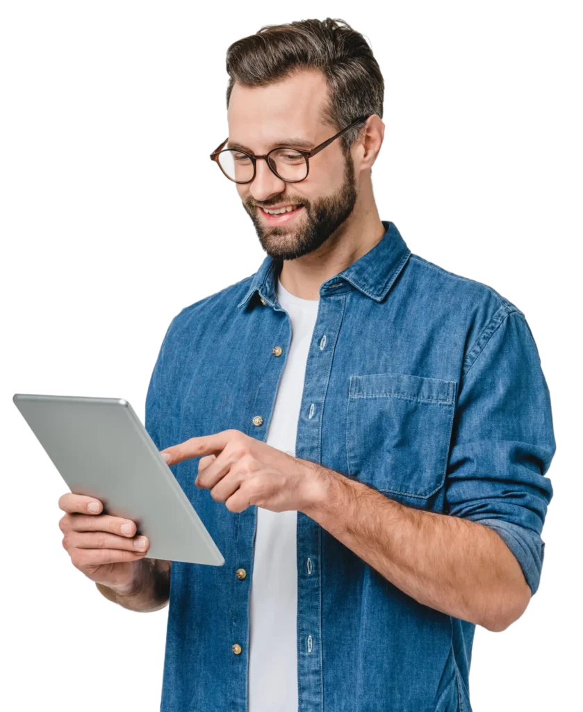 Person touching a tablet and smilling