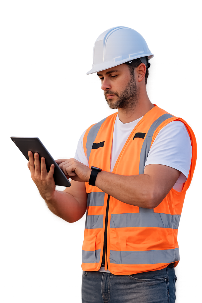 Man holding and looking at a tablet with construction clothes